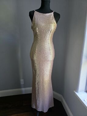 Lulus Slink and Wink Matte Rose Gold Sequin Cowl Back Maxi Dress Size S